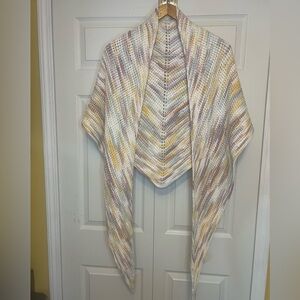 Handmade Crochet Knit Marbled Cream Yellow Blue Purple Yarn Shawl Hooded Scarf